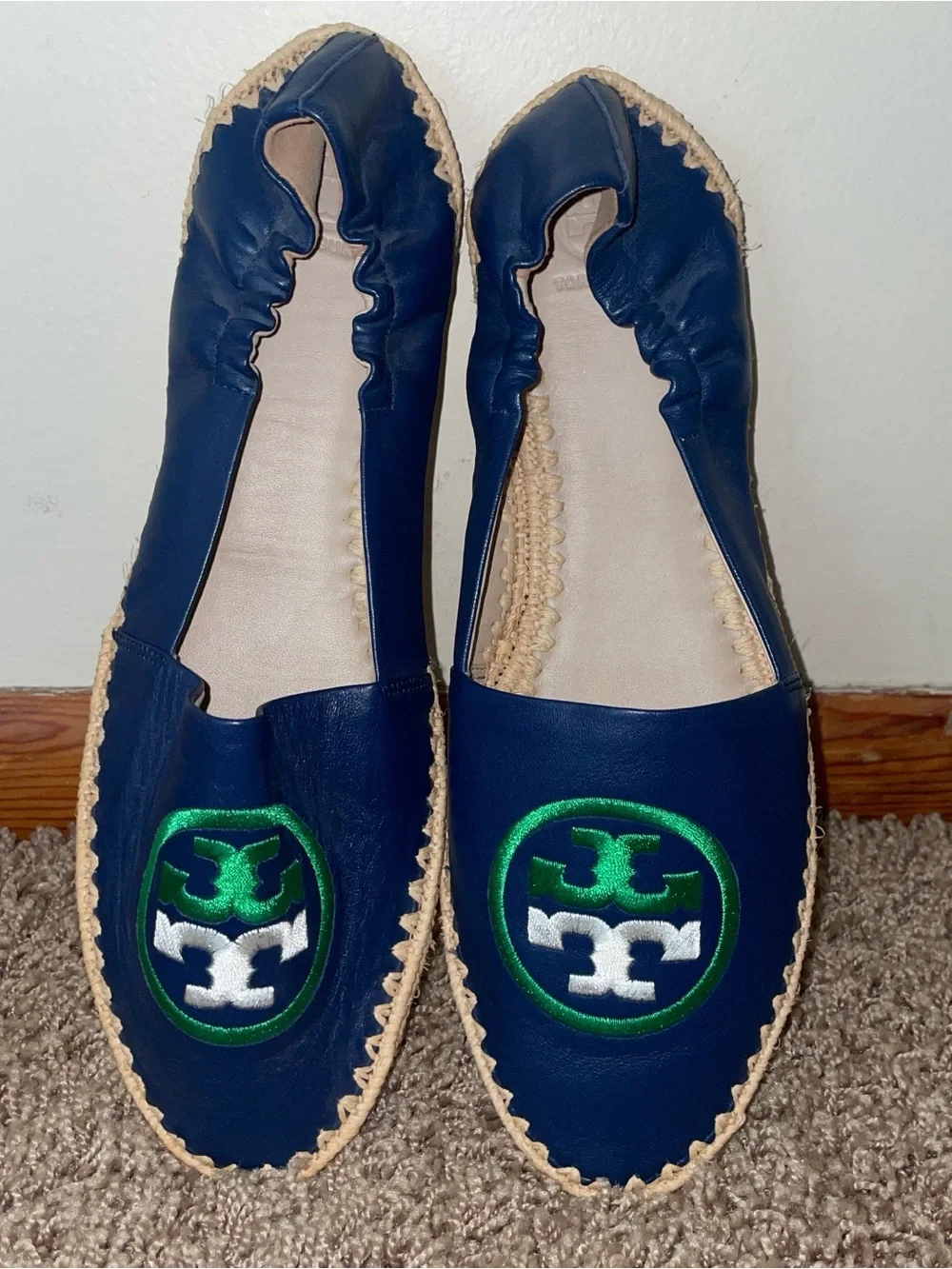 Tory Burch Navy Leather Espadrille Flats with Green Logo Embroidery